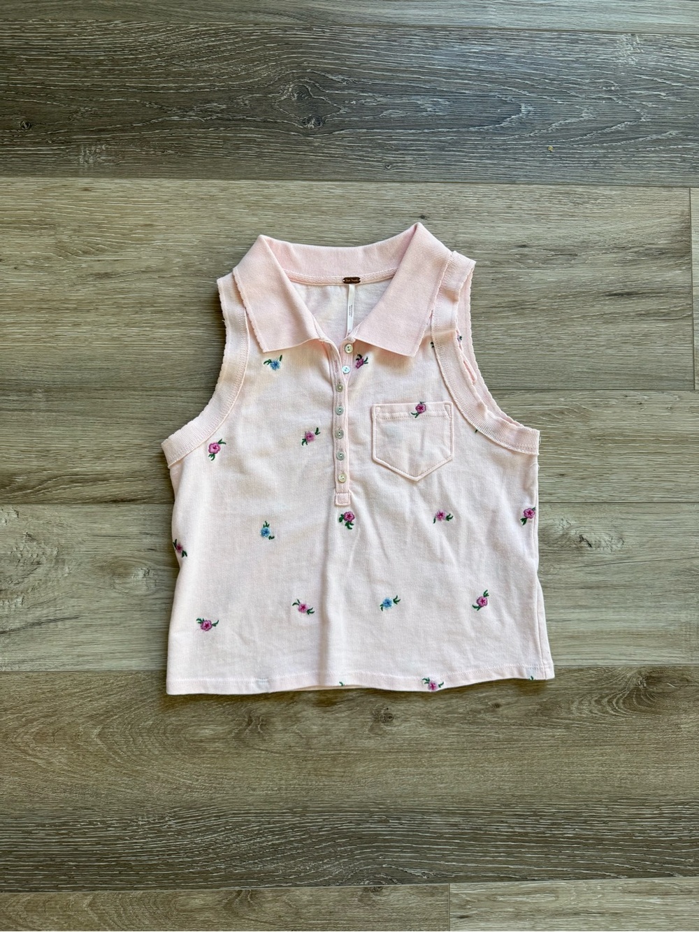 Free People Light Pink Embroidered Sleeveless Polo Tank